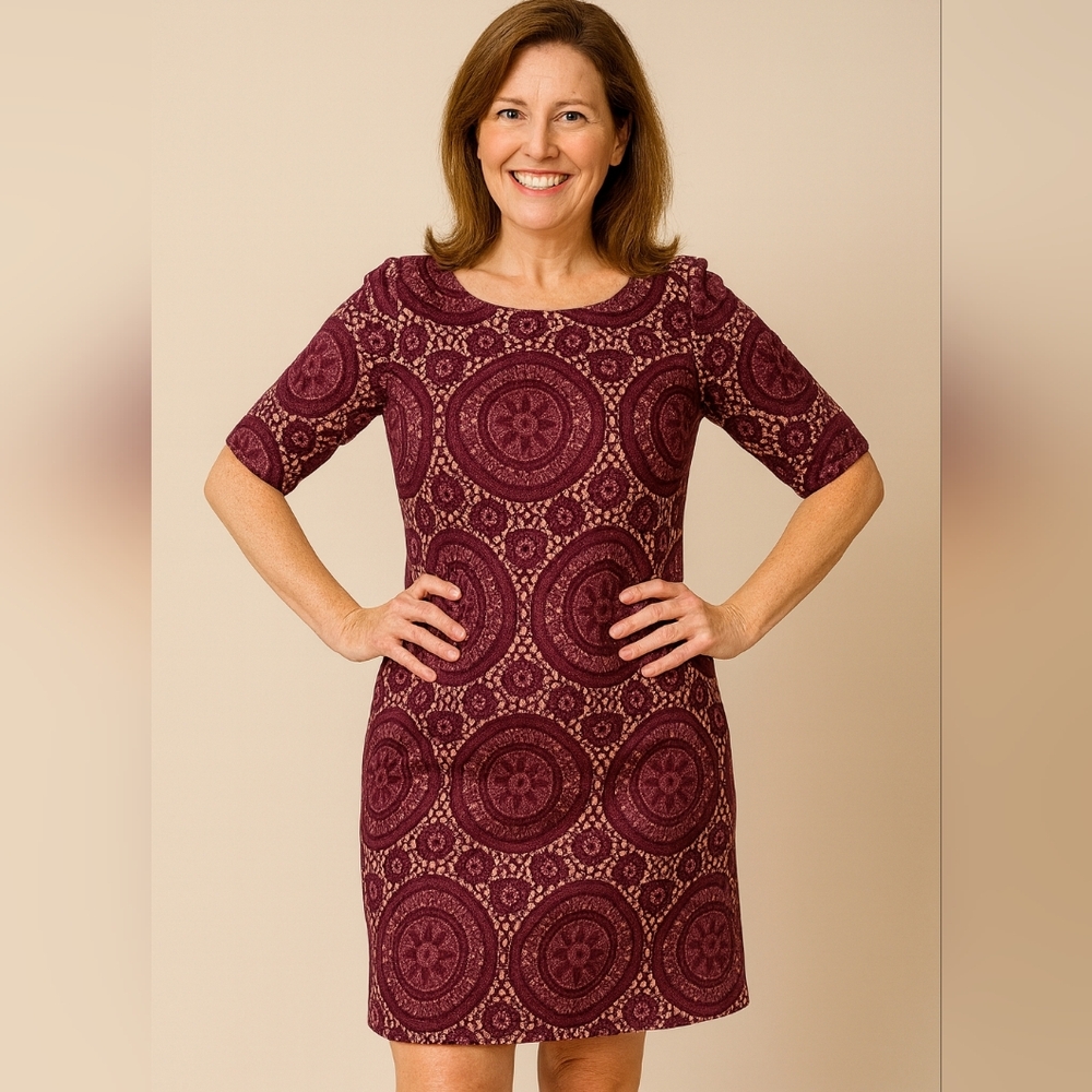 Karin Stevens Burgundy Patterned Dress Size 10